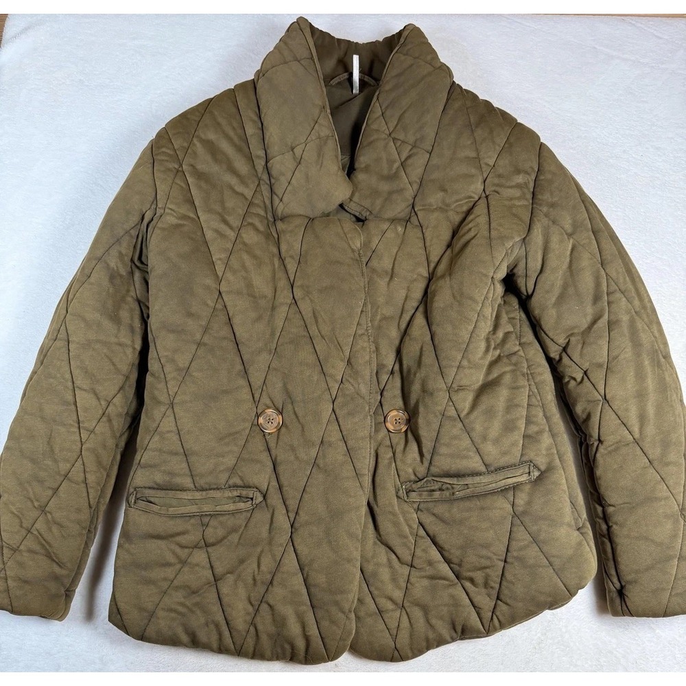 Free People Quilted Puffer Jacket Olive Green Double Breasted Oversized XS - Picture 10 of 15